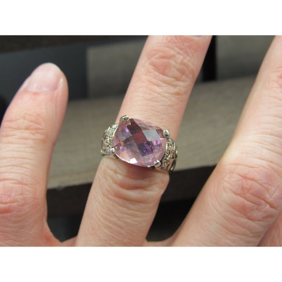 Size 5.5 Sterling Silver Pink Cubic Zirconia And Marcasite Stone Band Ring - Picture 4 of 9